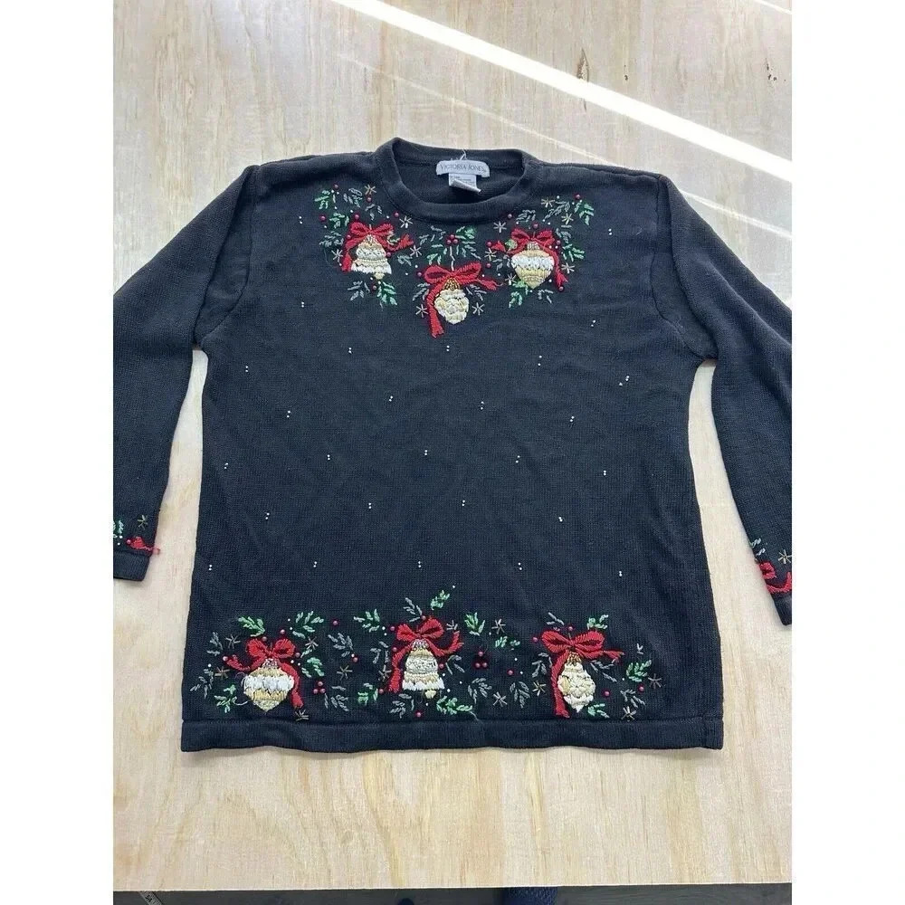 Victoria Jones Womens Black Christmas Sweater Embroidered Ornaments Beaded Large
